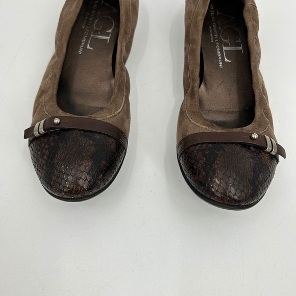 AGL Bella Ballet Flat Brown Suede Buckle Snakeskin Cap Toe Flat Shoes Size 8.5 - Picture 5 of 9